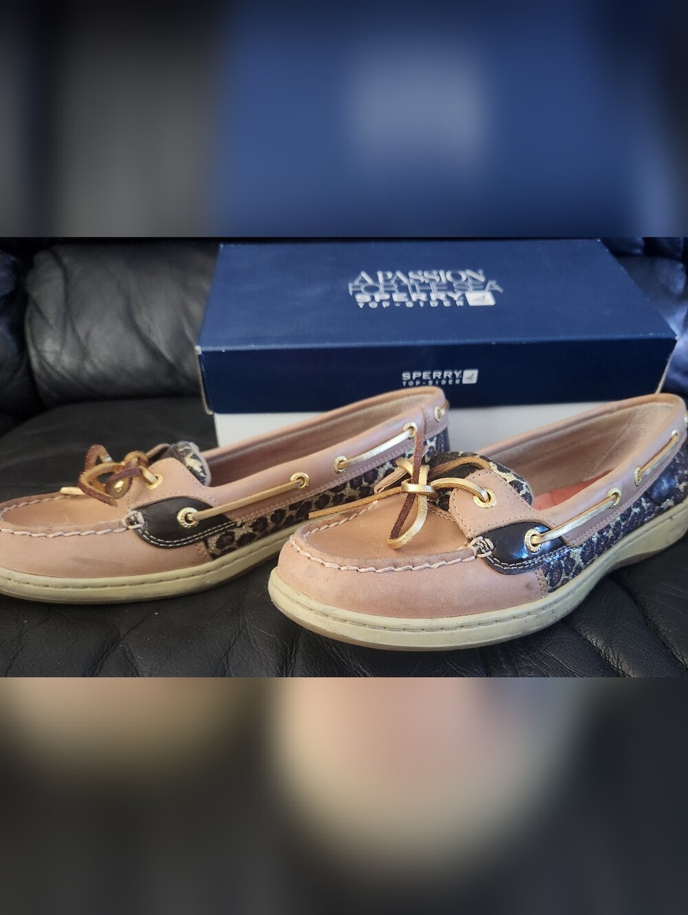 Sperry Gold-Trim Beige Leather Leopard Boat Shoes